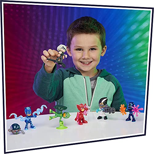 PJ Masks Set de Figuras de héroes y Villanos niños en Edad Preescolar, 7 Figuras de acción con 10 Accesorios, a Partir de 3 años