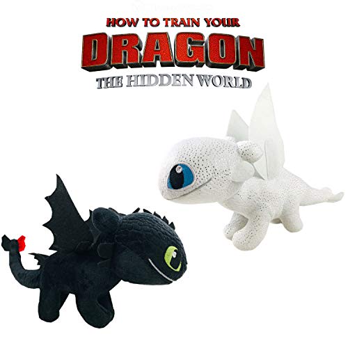 Play by Play HTTYD Pack 2 Dragons, como Entrenar a tu dragón - Peluches Desdentado y Furia Luminosa (Toothless y Light Fury) Color Negro y Blanco Calidad Super Soft 20cm (30cm Cola incluida)