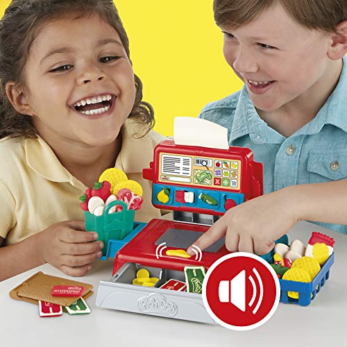 Play-Doh Caja registradora de juguete para niños de 3 años en adelante con divertidos sonidos, accesorios de comida y 4 colores no tóxicos (Hasbro 0)