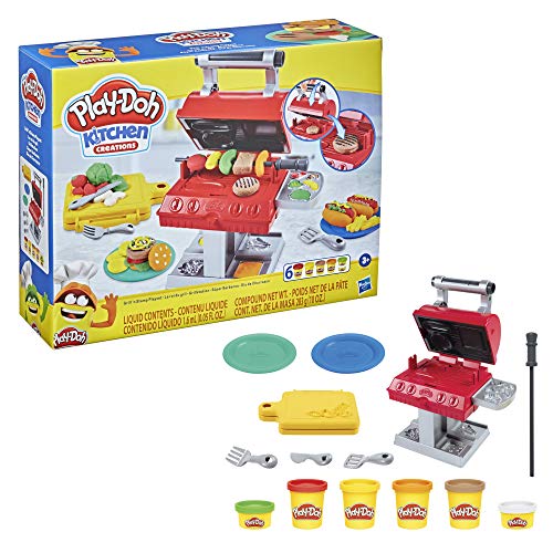 Play-Doh Kitchen Creations Grill 'n Stamp Juego para niños de 3 años en adelante con 6 Colores compuestos de Modelado no tóxicos y 7 Accesorios de Juguete para Barbacoa, Multicolor