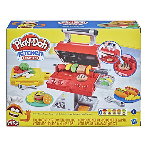 Play-Doh Kitchen Creations Grill 'n Stamp Juego para niños de 3 años en adelante con 6 Colores compuestos de Modelado no tóxicos y 7 Accesorios de Juguete para Barbacoa, Multicolor