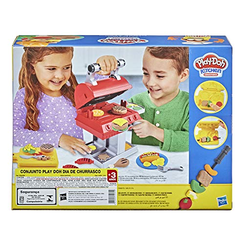 Play-Doh Kitchen Creations Grill 'n Stamp Juego para niños de 3 años en adelante con 6 Colores compuestos de Modelado no tóxicos y 7 Accesorios de Juguete para Barbacoa, Multicolor