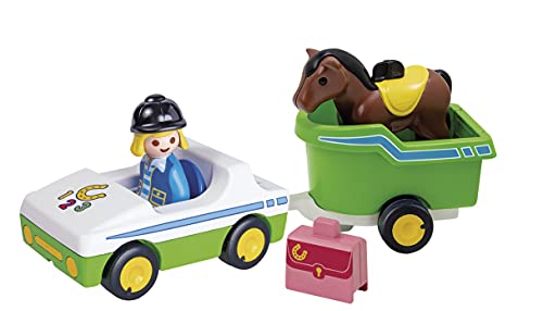 PLAYMOBIL 1.2.3 Coche Remolque Caballo, Color carbón (70181)