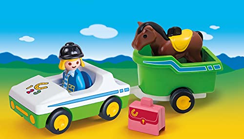 PLAYMOBIL 1.2.3 Coche Remolque Caballo, Color carbón (70181)