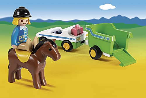 PLAYMOBIL 1.2.3 Coche Remolque Caballo, Color carbón (70181)