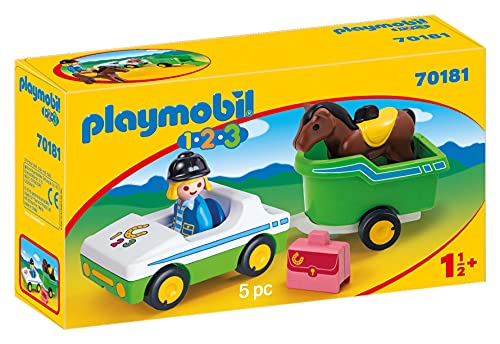 PLAYMOBIL 1.2.3 Coche Remolque Caballo, Color carbón (70181)