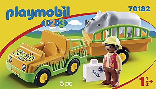 PLAYMOBIL 1.2.3 Vehículo Zoo Rinoceronte, Color Multicolor, Estándar (70182)