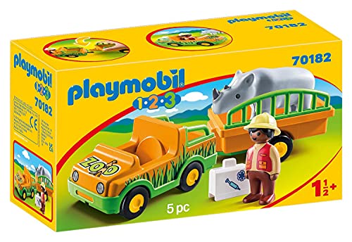 PLAYMOBIL 1.2.3 Vehículo Zoo Rinoceronte, Color Multicolor, Estándar (70182)