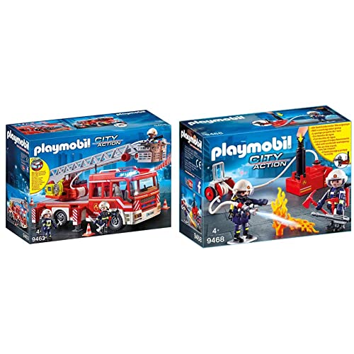 PLAYMOBIL City Action Camión De Bomberos con Escalera, Luces Y Sonido, A Partir De 5 Años (9463) + City Action Bomberos con Bomba De Agua, A Partir De 5 Años (9468)