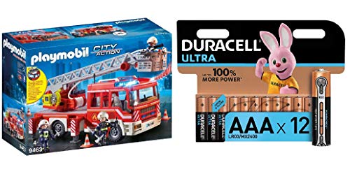 PLAYMOBIL City Action Camión de Bomberos con Escalera, Luces y Sonido, a Partir de 5 Años (9463) + Duracell - Ultra AAA con Powerchek, Pilas Alcalinas (Paquete de 12) 1.5 Voltios