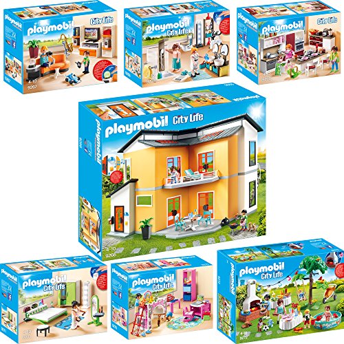 PLAYMOBIL® City Life - Juego de 7 piezas 9266 9267 9268 9269 9270 9271 9272 para vivienda moderna + salón + baño + cocina familiar grande + alegre habitación infantil + fiesta de inauguración