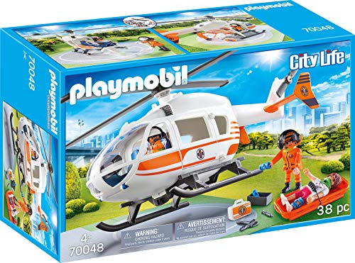 PLAYMOBIL City Life Playset, Ambulancia con Luces, Multicolor (70049) + City Life Helicóptero De Rescate, Multicolor (70048)