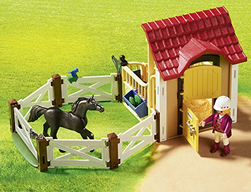 PLAYMOBIL Country 6934 Caballo Árabe con Establo, Caballo Negro y detalles Morados, A partir de 5 años