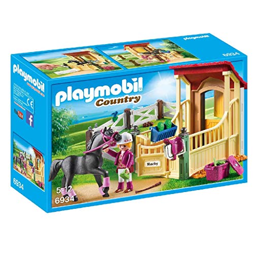 PLAYMOBIL Country 6934 Caballo Árabe con Establo, Caballo Negro y detalles Morados, A partir de 5 años