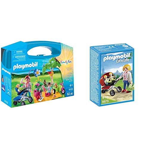 PLAYMOBIL Maletín Grande Picnic Familiar, única (9103) + Guardería Mamá con Carrito de Gemelos, Playset (5573)