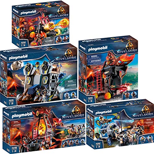 PLAYMOBIL® Novelmore Set de 5 Juegos 70390 70391 70392 70393 70394 Mina de Lava + Fortaleza Móvil + Transporte del Tesoro + Ariete de Fuego + Catapulta de Lava