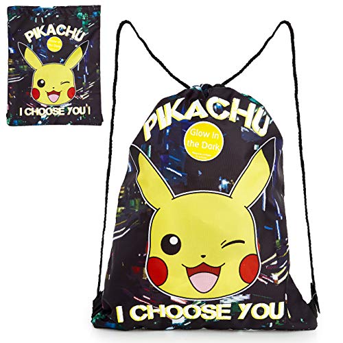 Pokemon Mochila de Cuerdas Niño, Bolsa de Tela Estampado Pikachu, Mochila Niño Que Brilla en la Oscuridad, Bolsa de Deporte Bolsa Viaje, Regalos para Niños Adolescentes Adultos