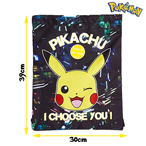 Pokemon Mochila de Cuerdas Niño, Bolsa de Tela Estampado Pikachu, Mochila Niño Que Brilla en la Oscuridad, Bolsa de Deporte Bolsa Viaje, Regalos para Niños Adolescentes Adultos