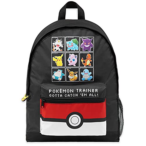 Pokemon Mochilas Escolares, Mochila Niño con Pikachu, Pokeball Y Pokémons, Mochila Infantil para Colegio Deporte Viajes, Regalos Para Niños y Adolescentes (Negro/Rojo)