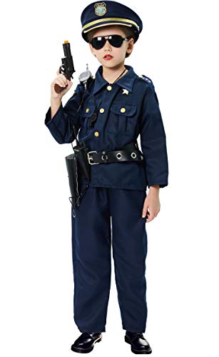 Policía Disfraz Niño con Policía Equipo Policía Camisa Pantalones Sombrero Cinturón Policía Placa Esposas Gafas de Sol Walkie Talkie Policía Juguete Kit para Niños Halloween Fiesta Carnaval (M)