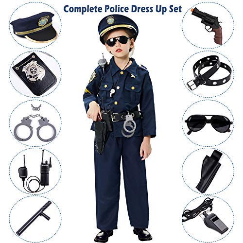 Policía Disfraz Niño con Policía Equipo Policía Camisa Pantalones Sombrero Cinturón Policía Placa Esposas Gafas de Sol Walkie Talkie Policía Juguete Kit para Niños Halloween Fiesta Carnaval (M)