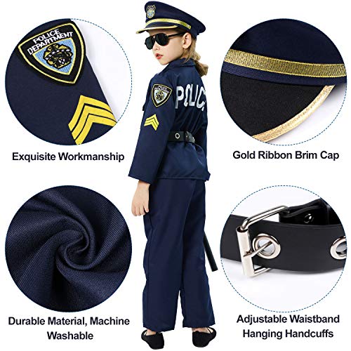 Policía Disfraz Niño con Policía Equipo Policía Camisa Pantalones Sombrero Cinturón Policía Placa Esposas Gafas de Sol Walkie Talkie Policía Juguete Kit para Niños Halloween Fiesta Carnaval (M)