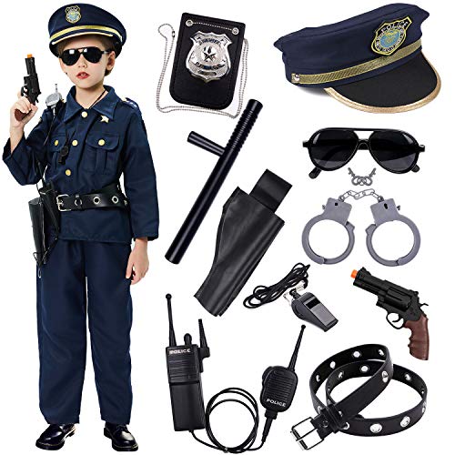 Policía Disfraz Niño con Policía Equipo Policía Camisa Pantalones Sombrero Cinturón Policía Placa Esposas Gafas de Sol Walkie Talkie Policía Juguete Kit para Niños Halloween Fiesta Carnaval (M)