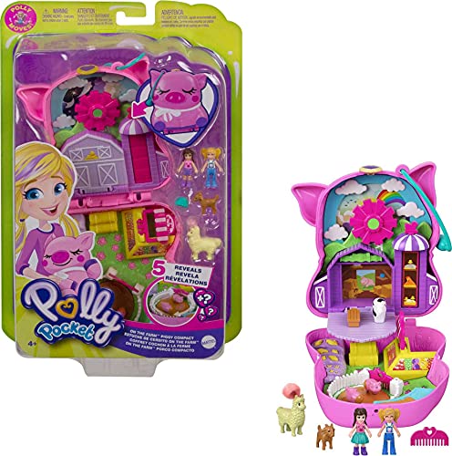 Polly Pocket Cofre con forma de cerdito en la granja, con muñecas y mascotas, juguete para niñas y niños +4 años (Mattel GTN16)