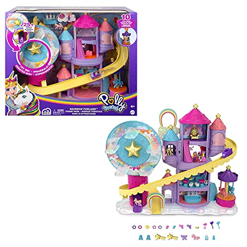 Polly Pocket Parque temático arcoiris Set de juego con muñeca, mascota y accesorios, juguete +4 años (Mattel HBT13)