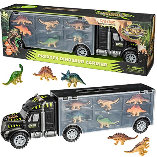 PREXTEX – Remolque Tractor Transportador de Dinosaurios de 40cm con 6 Mini Dinosaurios de Plástico