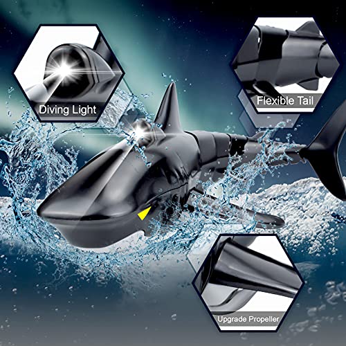 Pristar Mini RC Tiburón Teledirigidos Recargable Simulado Tiburones Juguetes Control Remoto 2.4GHz Bajo el Agua Eléctrico Tiburón Peces Barcos Piscina de Juguete Baño Nadando para niños, Negro