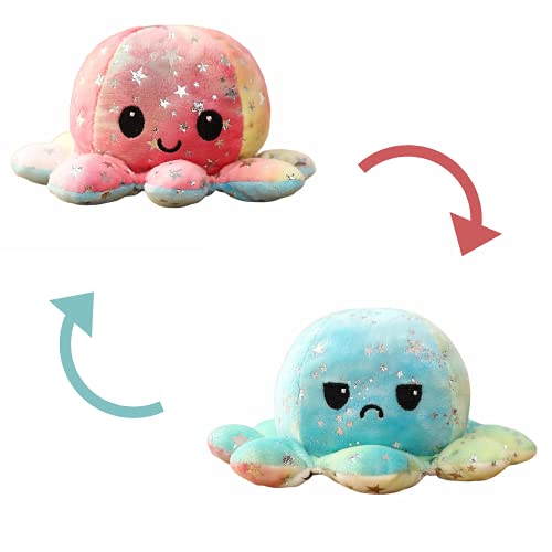 Pulpo Reversible, Peluche de Pulpo emociones, Pulpo de Colores 2 Caras, Pulso Feliz y Triste, Suave y blandito (1- Pulpo Fantasia Azul)