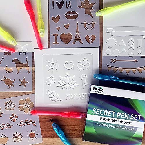 QBIX Juego de bolígrafos secretos - Juego ideal con 9 bolígrafos espía y 5 plantillas con luz UV - Escritura invisible para detectives y espías - Perfecto para niños - Bolígrafos UV invisibles