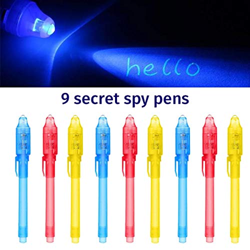 QBIX Juego de bolígrafos secretos - Juego ideal con 9 bolígrafos espía y 5 plantillas con luz UV - Escritura invisible para detectives y espías - Perfecto para niños - Bolígrafos UV invisibles