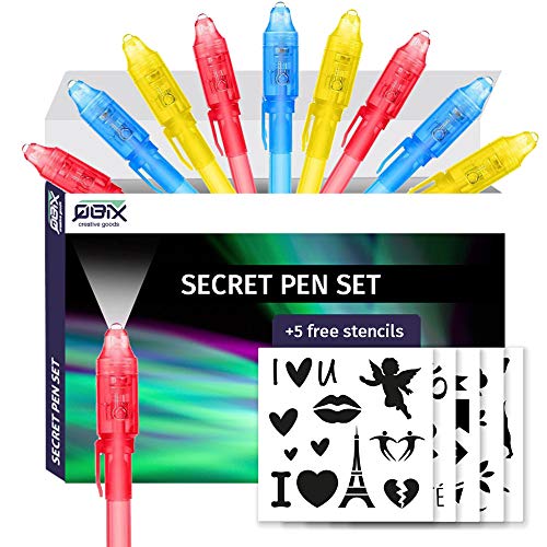 QBIX Juego de bolígrafos secretos - Juego ideal con 9 bolígrafos espía y 5 plantillas con luz UV - Escritura invisible para detectives y espías - Perfecto para niños - Bolígrafos UV invisibles