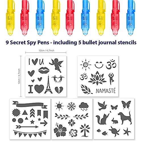 QBIX Juego de bolígrafos secretos - Juego ideal con 9 bolígrafos espía y 5 plantillas con luz UV - Escritura invisible para detectives y espías - Perfecto para niños - Bolígrafos UV invisibles