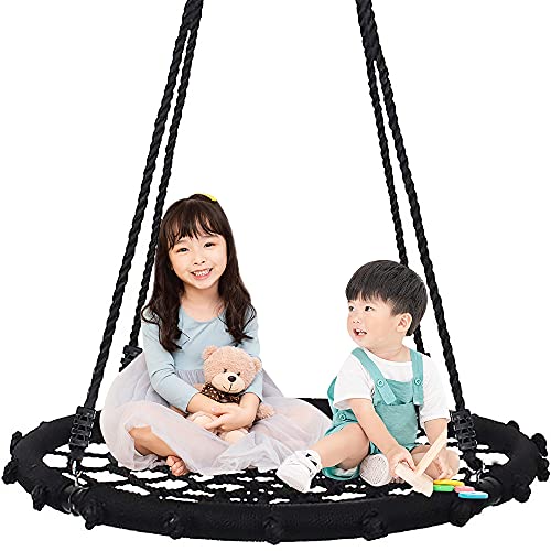 Queta Columpio de Plato Nido Columpio de Nido Amplia con Anillo de Hierro Columpio Redondo para árboles con Correa de Colgar para niños y Adultos (120 cm, Negro)