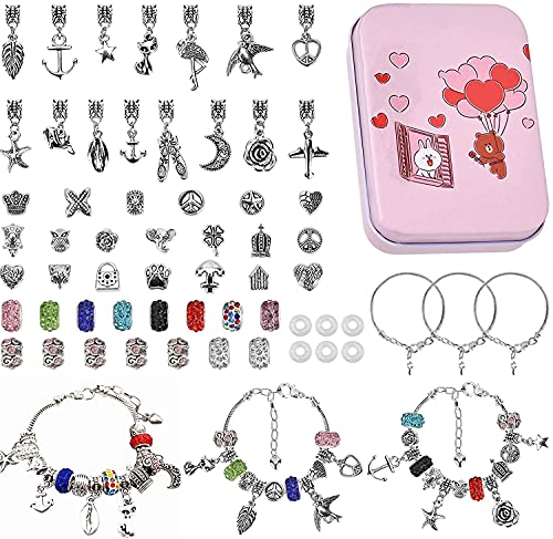 Queta Kit para Hacer Pulseras Niñas, Pulsera de Plata , Kit de fabricación de Joyas para niña, Regalo de Año Nuevo Cumpleaños Navidad para Niñas de 5-17 Años, Kits para hacer bisutería (56pcs 1)