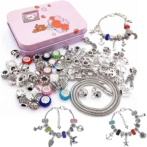 Queta Kit para Hacer Pulseras Niñas, Pulsera de Plata , Kit de fabricación de Joyas para niña, Regalo de Año Nuevo Cumpleaños Navidad para Niñas de 5-17 Años, Kits para hacer bisutería (56pcs 1)