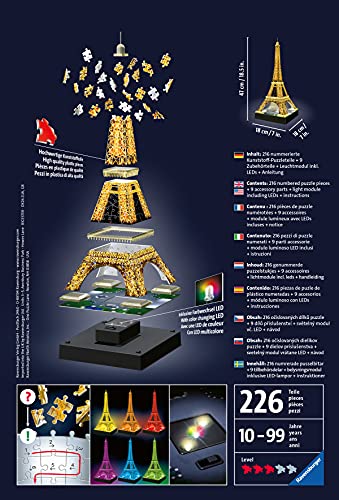 Ravensburger 125791, Puzzle 3D, Puzzle 3D Tour Eiffel Night, Edición Nocturna, 226 Piezas, Edad Recomendada 12+