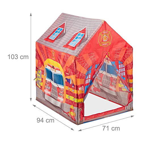 Relaxdays Tienda Campaña Infantil, Estación Bomberos, Casa Niños, Casita, Poliéster y Plástico, 103 x 71 x 94 cm, Rojo