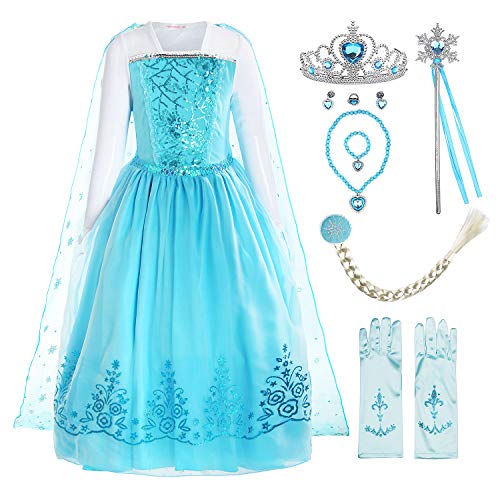 ReliBeauty Disfraz de niña Disfraz de Copo de Nieve de Lentejuelas Plisadas de Manga Larga Frozen Princess Elsa,con accessori (3-4)