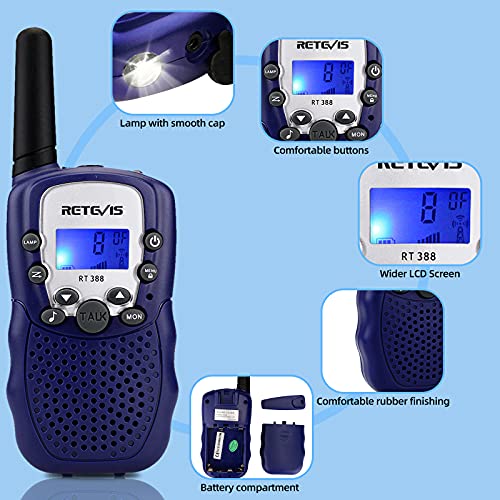 Retevis RT388 Walkie Talkie Niño, 8 Canales Linterna VOX, Juguetes de 3 a 12 Años, Regalos para Niño en Vacaciones, Juegos Familiares, Recorridos en Bicicleta, Excursión(1 par, Azul Oscuro)