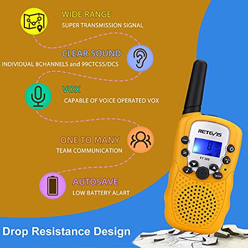 Retevis RT388 Walkie Talkie Niños PMR446 8 Canales LCD Pantalla Linterna Incorporado VOX 10 Tonos de Llamada Walkie Talkie Niñas Juguete Regalo para Niños (Amarillo, 1 Par)