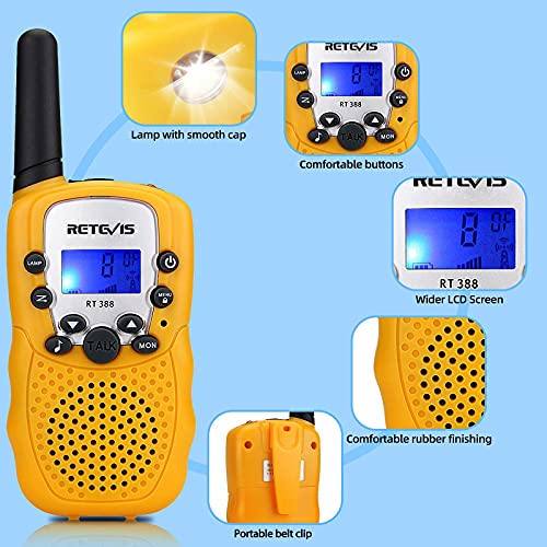 Retevis RT388 Walkie Talkie Niños PMR446 8 Canales LCD Pantalla Linterna Incorporado VOX 10 Tonos de Llamada Walkie Talkie Niñas Juguete Regalo para Niños (Amarillo, 1 Par)