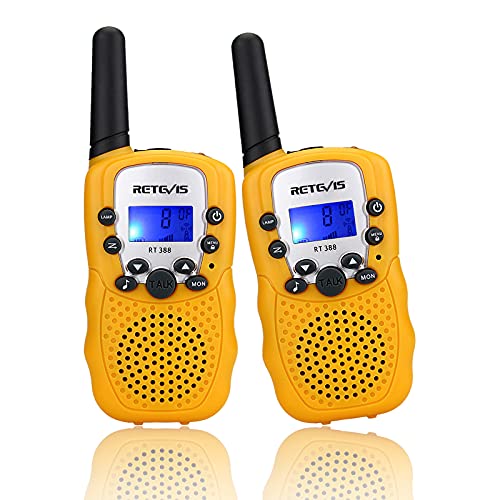 Retevis RT388 Walkie Talkie Niños PMR446 8 Canales LCD Pantalla Linterna Incorporado VOX 10 Tonos de Llamada Walkie Talkie Niñas Juguete Regalo para Niños (Amarillo, 1 Par)