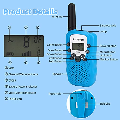 Retevis RT388 Walkie Talkie Niños,Juguetes de Largo Alcance de 3 a 12 Años,Linterna LCD Recargable de 8 Canales, Regalos para Camping, Aventura, Senderismo (1 par, Azul)