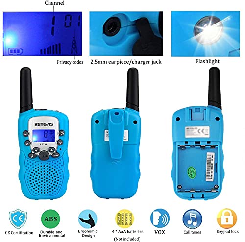 Retevis RT388 Walkie Talkie Niños,Juguetes de Largo Alcance de 3 a 12 Años,Linterna LCD Recargable de 8 Canales, Regalos para Camping, Aventura, Senderismo (1 par, Azul)