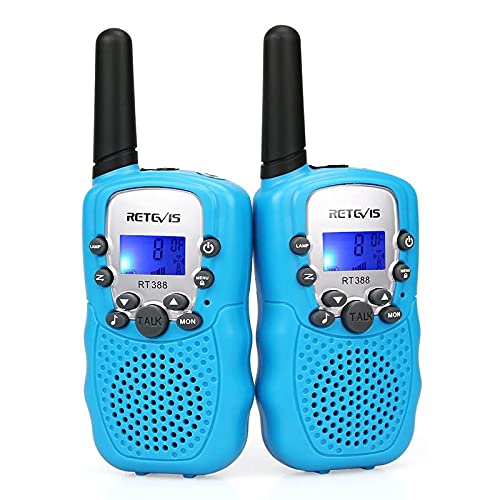 Retevis RT388 Walkie Talkie Niños,Juguetes de Largo Alcance de 3 a 12 Años,Linterna LCD Recargable de 8 Canales, Regalos para Camping, Aventura, Senderismo (1 par, Azul)