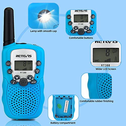 Retevis RT388 Walkie Talkie Niños,Juguetes de Largo Alcance de 3 a 12 Años,Linterna LCD Recargable de 8 Canales, Regalos para Camping, Aventura, Senderismo (1 par, Azul)